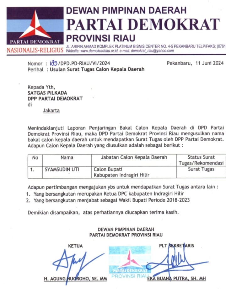 DPD Demokrat Provinsi Riau Usulkan SU Sebagai Calon Bupati Inhil&nbsp;2024-2029
